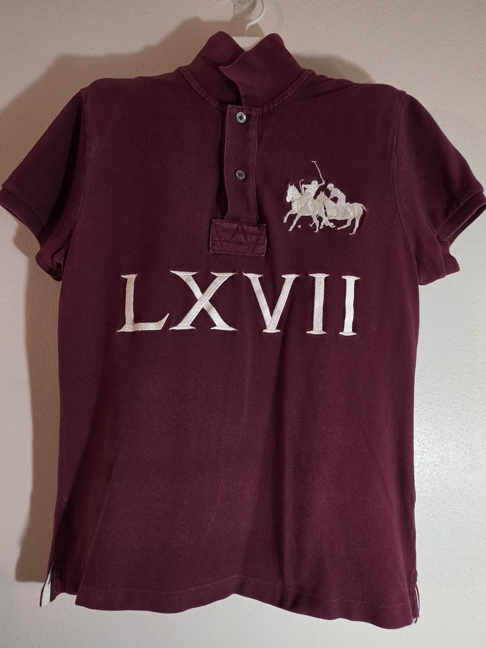 Ralph Lauren Womens Short Sleeve Polo Tee in Maroon with LXVII Embroidery
